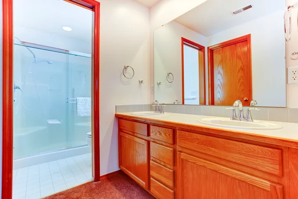 밝은 욕실에 유리 도어 샤워 및 세 면 대 캐비닛 — 스톡 사진