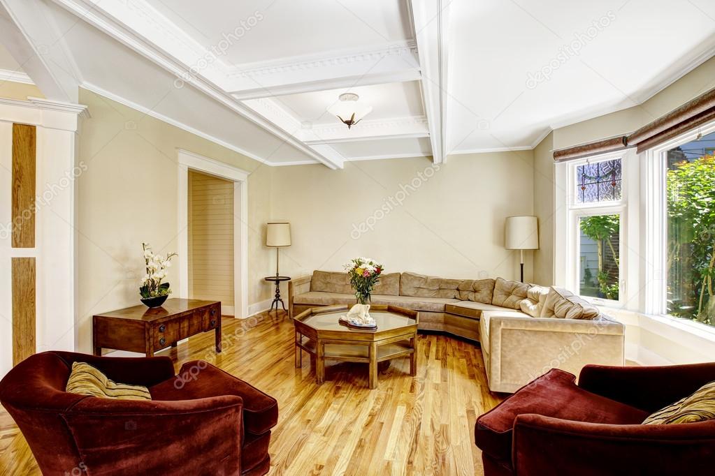 Living Room With Coffered Ceiling System Stock Photo