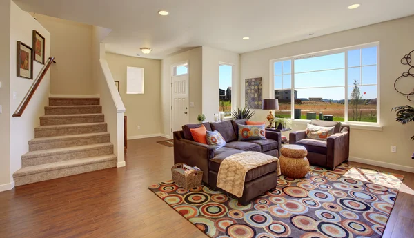 Living room with brown couch and cheerful rug — Stock Photo, Image