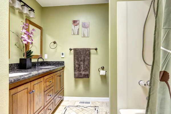 Bright bathroom in light green tone. Wooden cabinet with granite — Stock Photo, Image