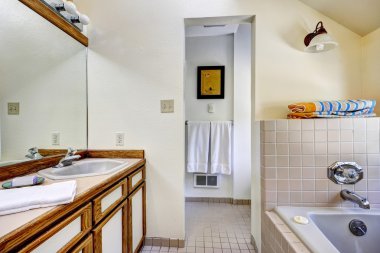 banyo vanity kahverengi trim ve büyük ayna ile dolap