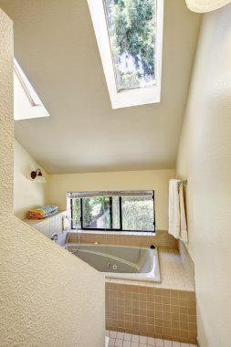 Bathroom with high vaulted ceiling and skylight clipart
