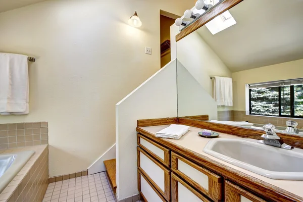 Bathroom vanity cabinet with brown trim and large mirror — Stock Photo, Image