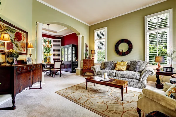豪華な家のインテリア。明るい緑の家族部屋 — ストック写真