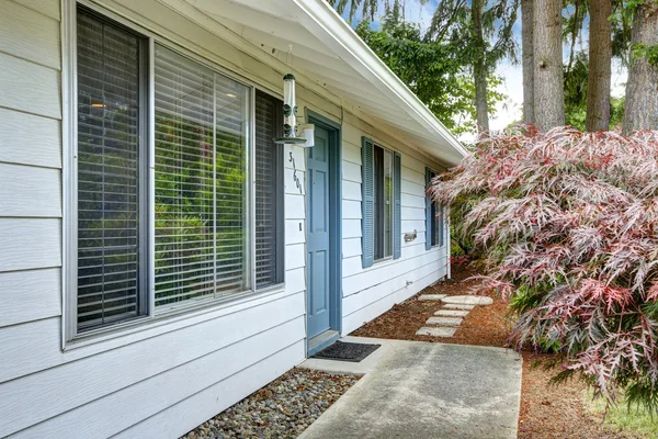 Casa exterior con adorno azul.. Puerta de entrada y andador de hormigón — Foto de Stock