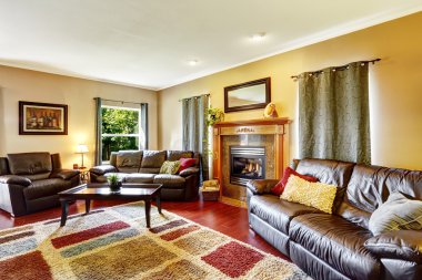 oturma odası iç deri kanepeler ve şömine