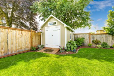 Fenced backyard with small shed clipart