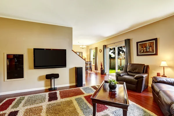 Living room interior with TV and colorful rug — Stock Photo, Image