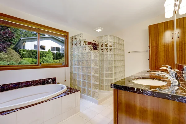 Bathroom with glass block screened shower — Stock Photo, Image