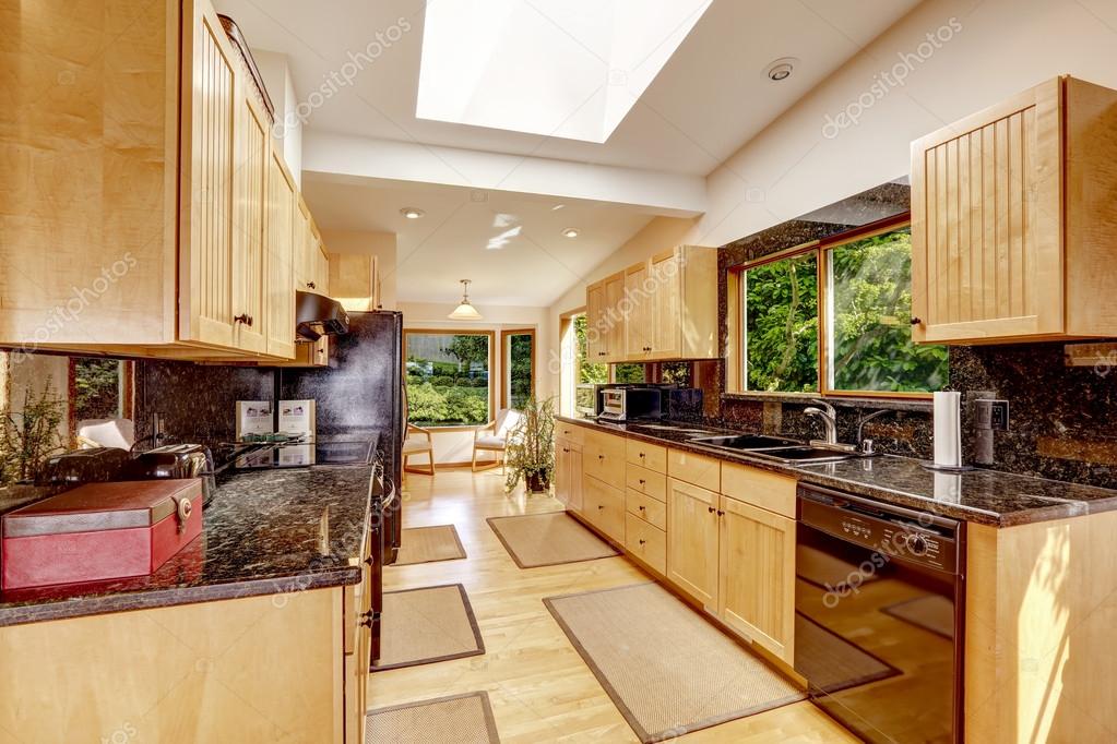 Modern Kitchen Interior With Black, Hardwood Floor Kitchen Mat
