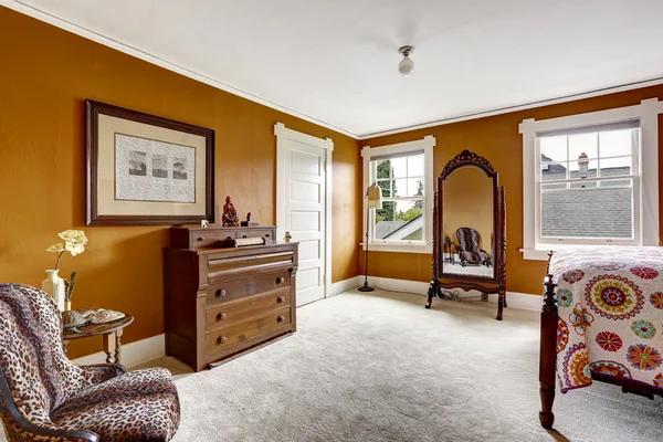 Camera da letto marrone con specchio antico e armadio — Foto Stock