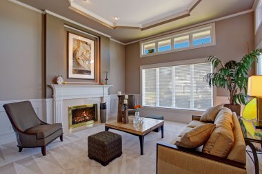 Şömineli lüks oturma odası.