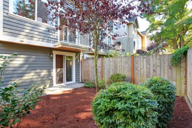 Talaş ve yeşil çalılar ile küçük çit arka bahçe