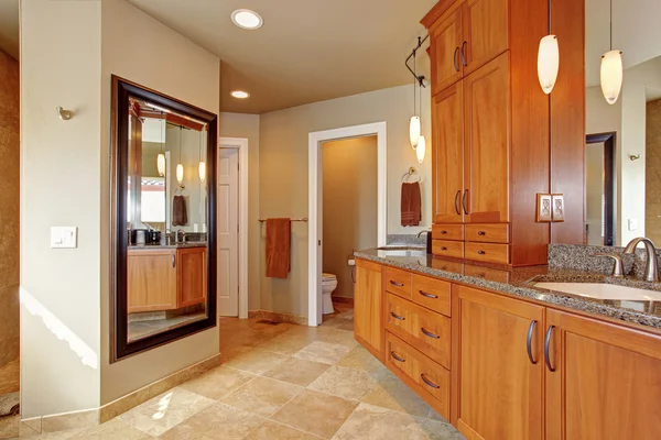 Kamar mandi mewah dengan penyimpanan besar kombinasi dan puncak granit — Stok Foto