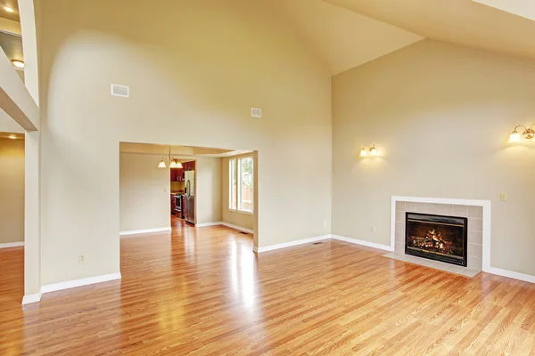 Empty living room with high ceiling and fireplace — Stock Photo, Image