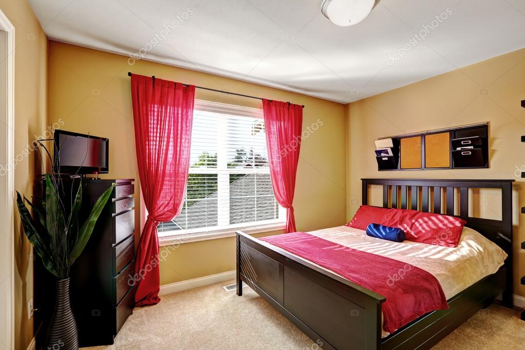 Simple Yet Practical Bedroom Design With Red Curtains Stock Simple Yet Practical Bedroom Design With Red Curtains Stock Photo 55826377