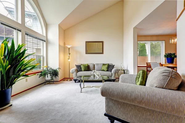 Luxury family room in soft creamy tones with hight ceiling and a — Zdjęcie stockowe