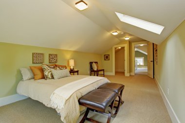 Spacious  master bedroom with vaulted ceiling and skylight clipart