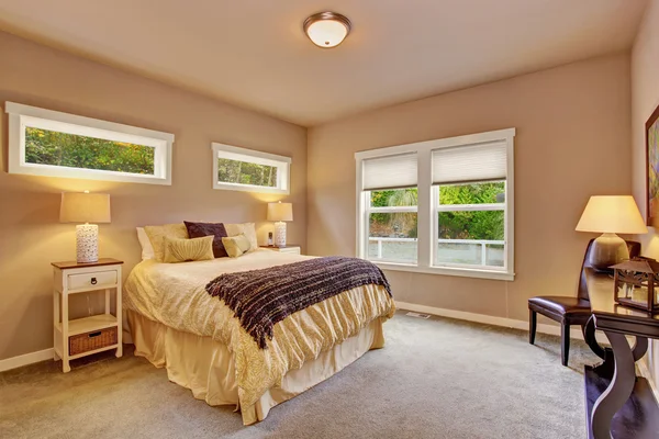 Helles Schlafzimmer mit Teppich und Fenstern. — Stockfoto