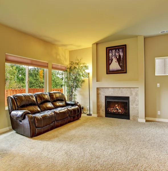 Útulný obývací pokoj s kobercem a krb. — Stock fotografie