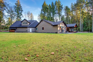 Large back yard with grass.
