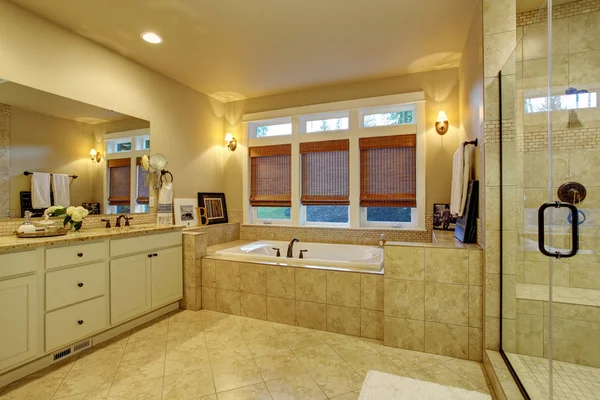 Large master bathroom with tile floor and tub. — Stok fotoğraf