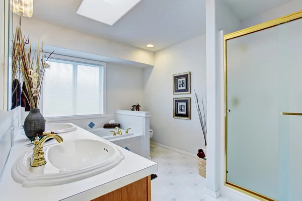 Large master bathroom with light blue walls. — Stock Photo, Image