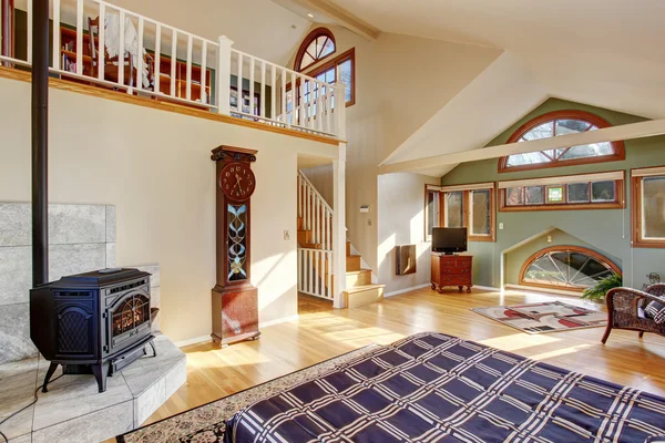 Vintage loft style bedroom with tv and hardwood floor.