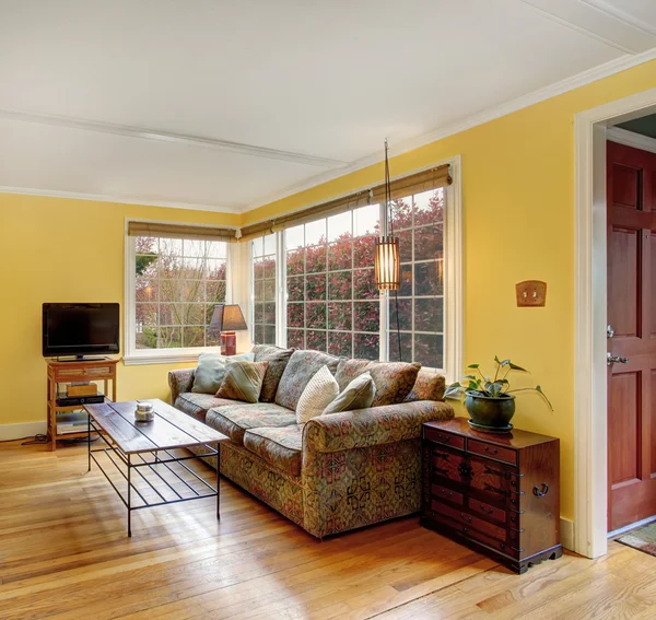 Beau salon en bois franc avec canapé coloré et murs jaunes — Photo