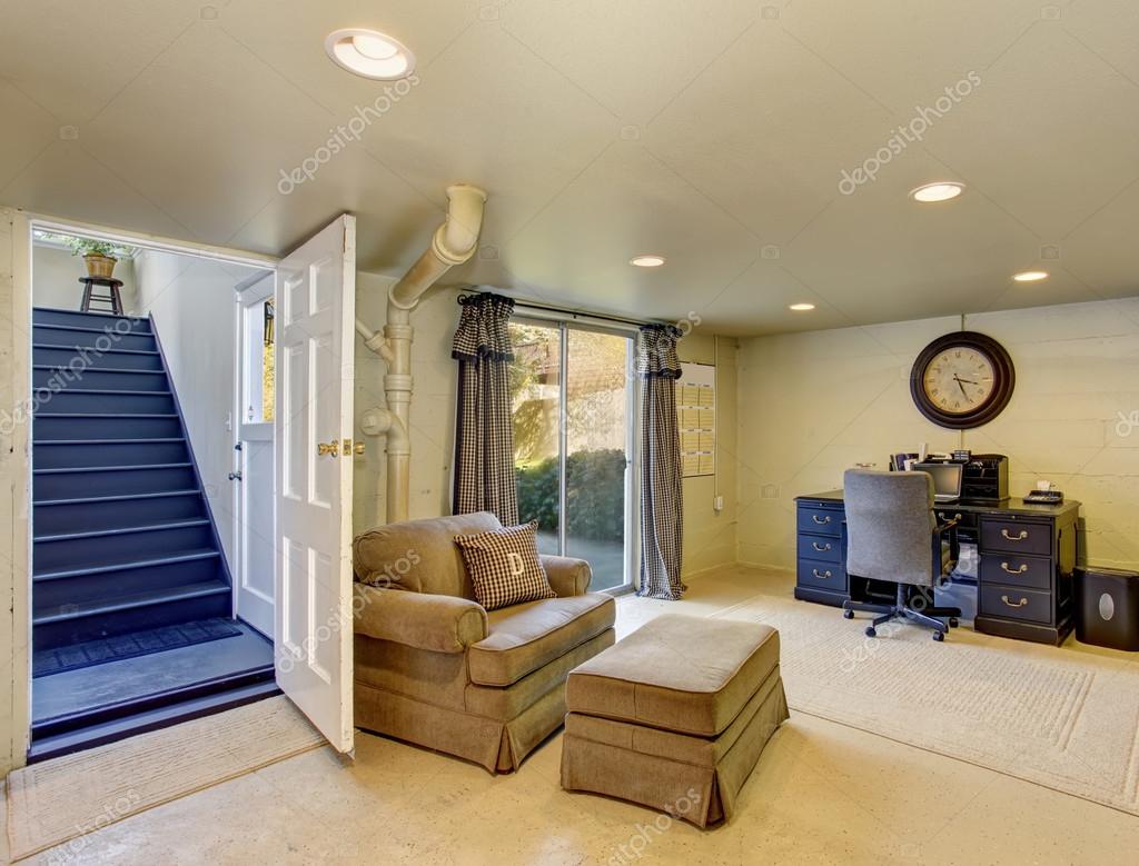 Perfect Home Office With Navy Blue Desk And Tan Chair