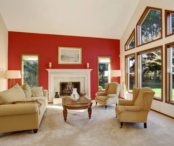 Современная гостиная с ярко-красной стеной и красивым декором . — стоковое фото