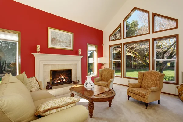 Moderní obývací pokoj s jasně červenou zeď a hezký dekor. — Stock fotografie