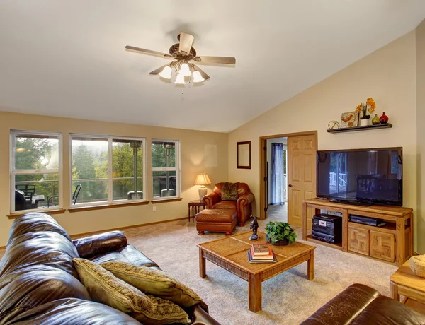 Útulný obývací pokoj s hnědou koženou pohovku. — Stock fotografie