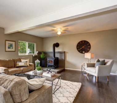 Şömine ve tüylü halı modern oturma odası.