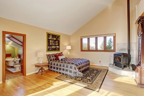 Vintage loft style bedroom with tv and hardwood floor. — Stock Photo, Image