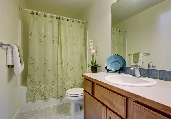 Classic bathroom with green shower curtain and tile floor. — Stock Photo, Image