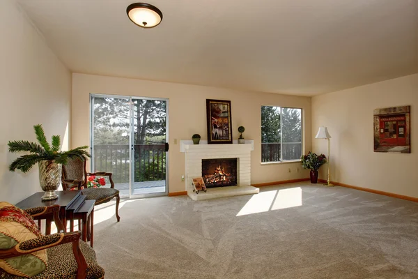 Mooie woonkamer met open haard, en schuivende glazen deur. — Stockfoto