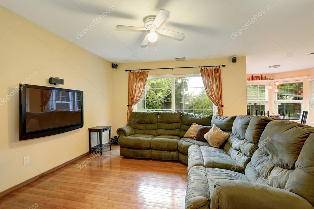 Fotos de Sala de estar sencilla con sofá verde y TV . - Imagen de