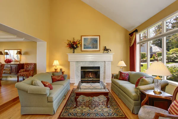 Brilliant ruang tamu dengan sofa hijau, dan dinding kuning . — Stok Foto