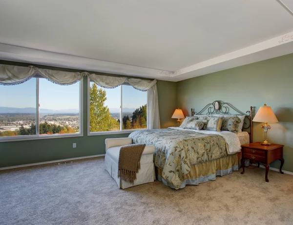 Удивительная главная спальня с зеленым интерьером и двумя окнами . — стоковое фото