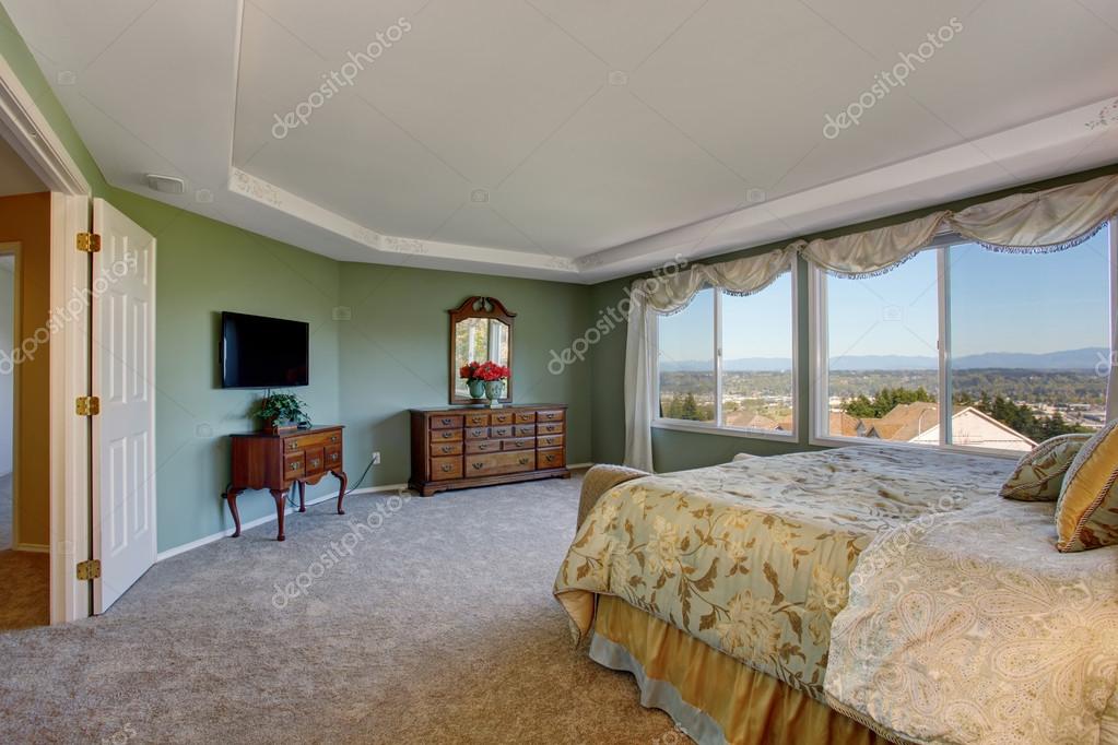 Amazing Master Bedroom With Green Interior And Two Windows