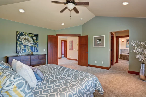 Großes Schlafzimmer mit grünem Interieur. — Stockfoto