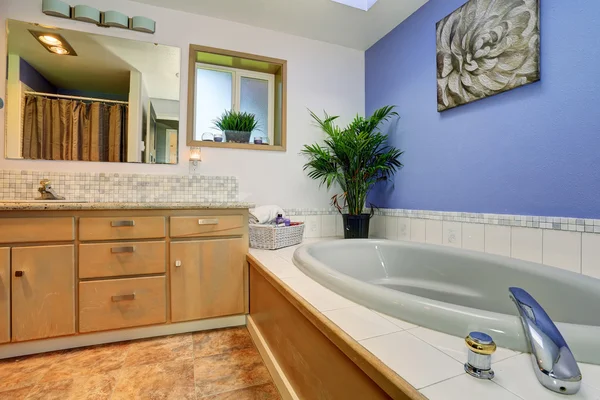 Tek mavi duvar ile parlak banyo. — Stok fotoğraf