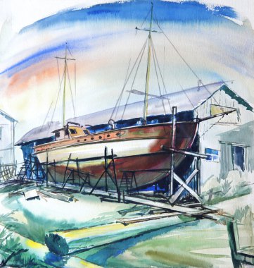 Deniz renkleri kahverengi tekne ile. 