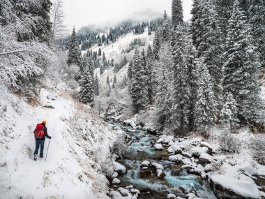 Sırt çantalı bir adam kışın nehir kıyısındaki dağ geçidinde yürür. Nehirle kaplı karlı dağ geçidi