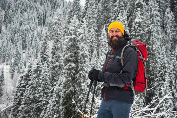 Portrait Bearded Man Backpack Winter Snowy Forest Mountain Gorge Hiking — Stock Photo, Image