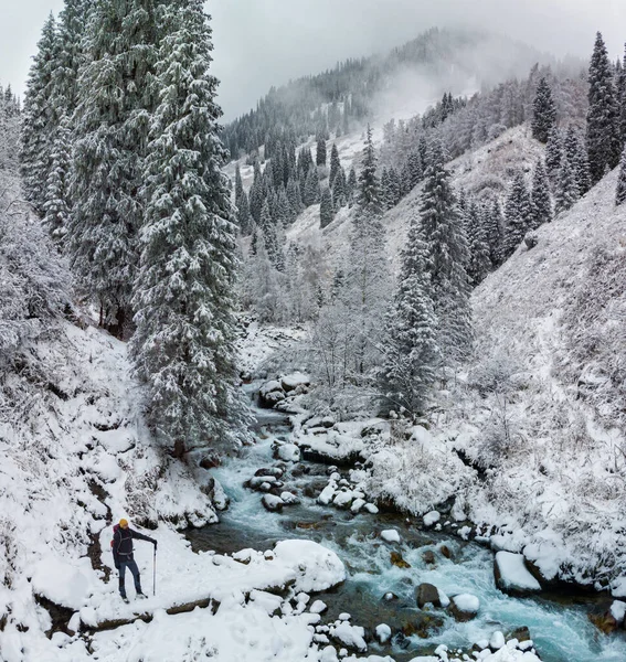 Hombre Camina Invierno Desfiladero Nevado Nieve Coronada Montaña Invierno Desfiladero — Foto de Stock