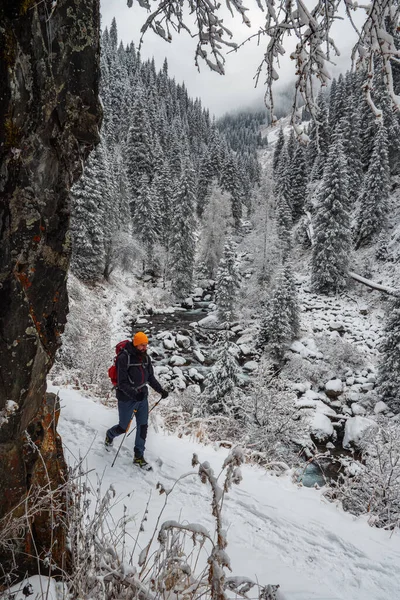 Hombre Con Una Mochila Realiza Una Caminata Invierno Las Montañas — Foto de Stock