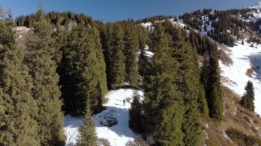 Güneşli bir günde bir adam kış ormanında yürür. Dağlardaki köknar ağaçlarının arasında bir adam yürüyor.
