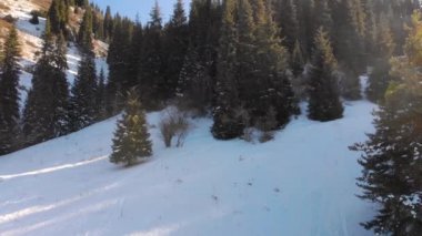 Güneşli bir günde bir adam kışın dağlarda yürüyüş yapar. Turist adam patika boyunca dağa tırmanıyor.